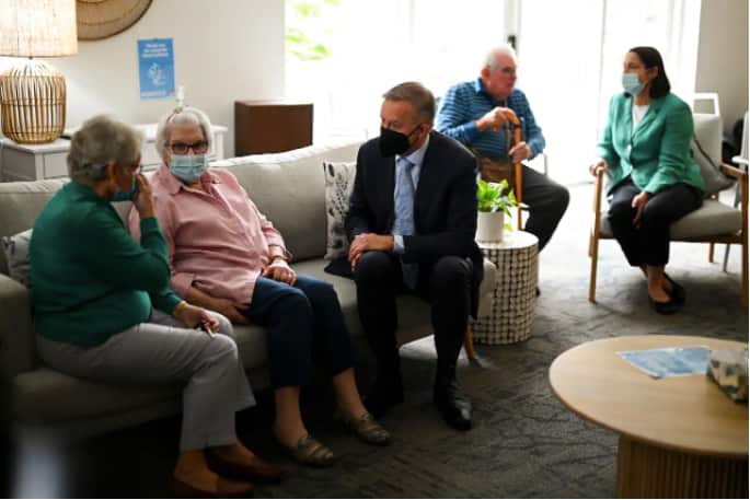 Anthony Albanese speaks to a resident during a visit to Symons House Retirement Village on Day 11 of the 2022 federal election campaign, in Nowra, Thursday 21 April 21, 2022.