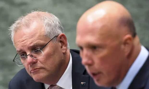 Scott Morrison and Peter Dutton (right) seem keen to make a fear of foreign threats an election issue. 