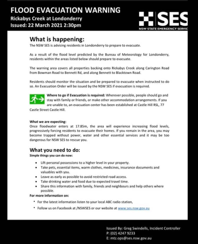 SES flood evacuation warning 