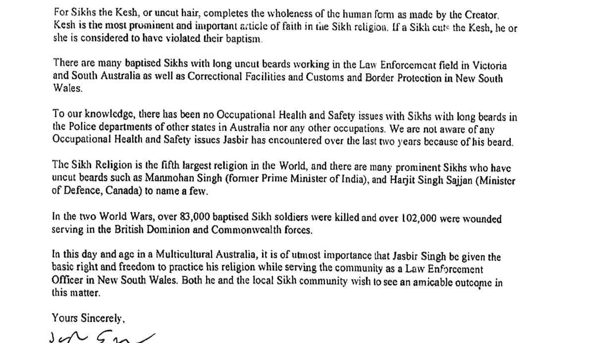 A screenshot of Sikh Temple’s letter to the local police command in 2016.