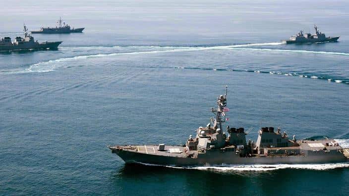 Australian navy ships in drill