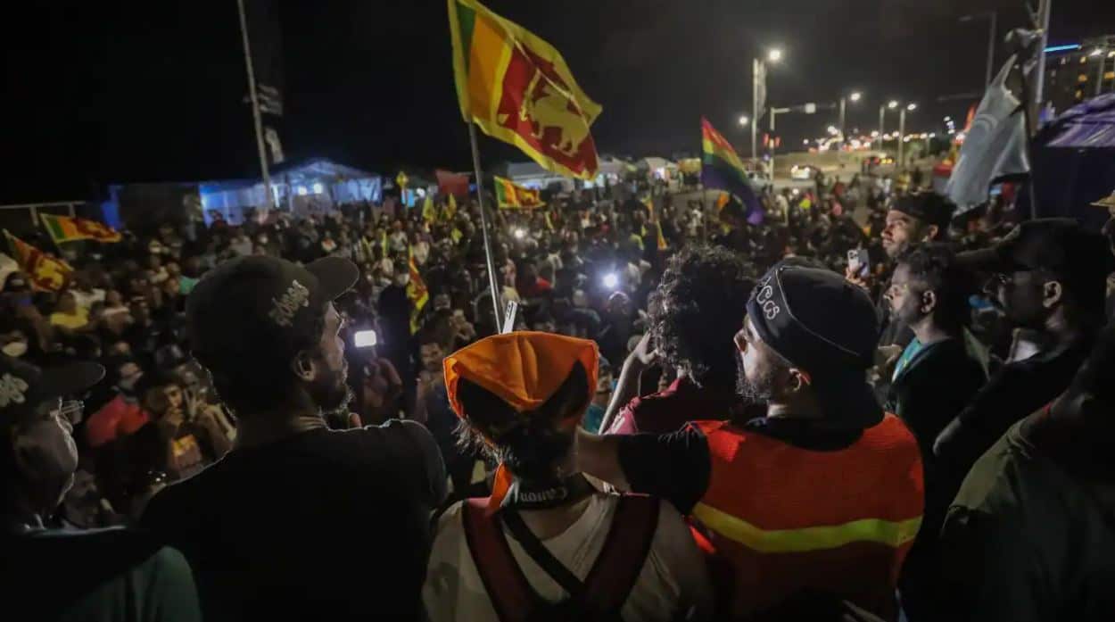Protesters shout slogans outside the Presidential Secretariat in Colombo over the economic crisis in Sri Lanka.