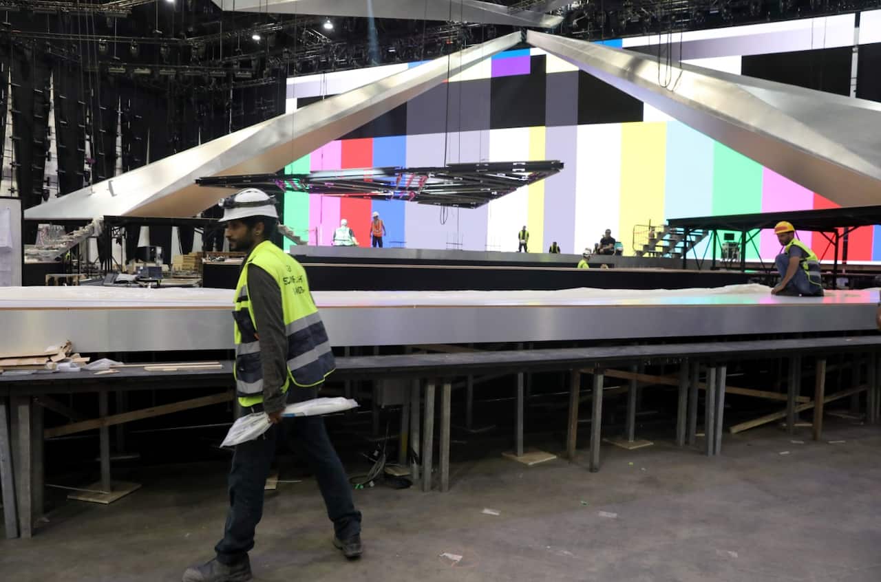Stage workers build the stage of the Eurovision Song Contest at the Tel Aviv Expo Center in Tel Aviv, Israel, 15 April 2019.