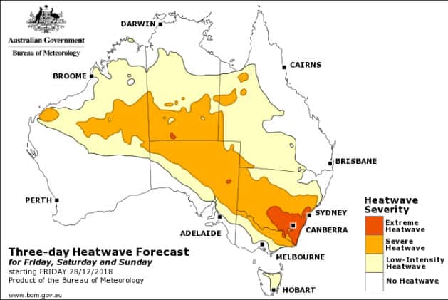 The BOM has forecast three days of heatwave conditions starting from Friday December 28
