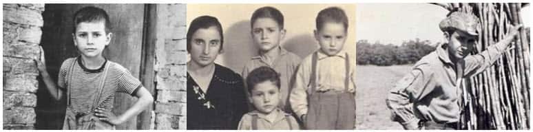 Joe Cossari a sinistra da bambino nella casa di Borgia, al centro con la madre e i fratelli e a destra nei campi di canna da zucchero del Queensland