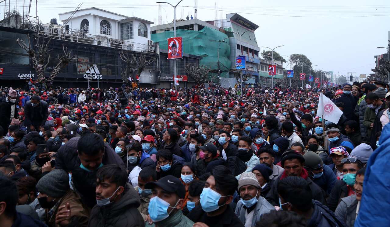 Supporters of Nepal's PM KP Sharma Oli during a rally in Kathmandu,