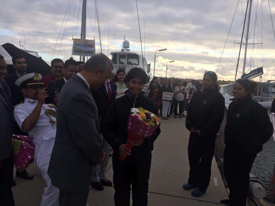Consul General Dr A M Gondane receives INSV skipper Lt. Commander Vartika Joshi 