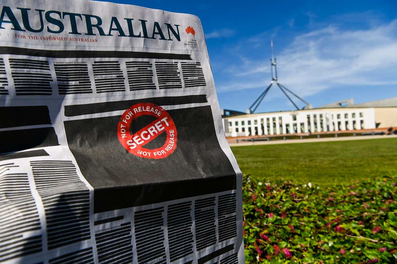 The front page of Australian newspaper 'The Australian' showing a 'Your right to know' ad as part of a campaign, Parliament House, Canberra, Monday, October 21, 2019. The front pages of the major newspapers on Monday replicated a heavily redacted governme