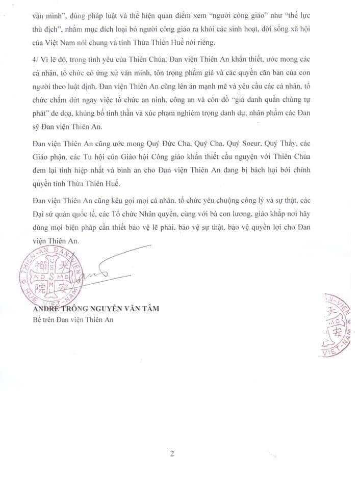 Thông cáo báo chí ngày 14/8/2020 của Đan Viện Thiên An, trang â