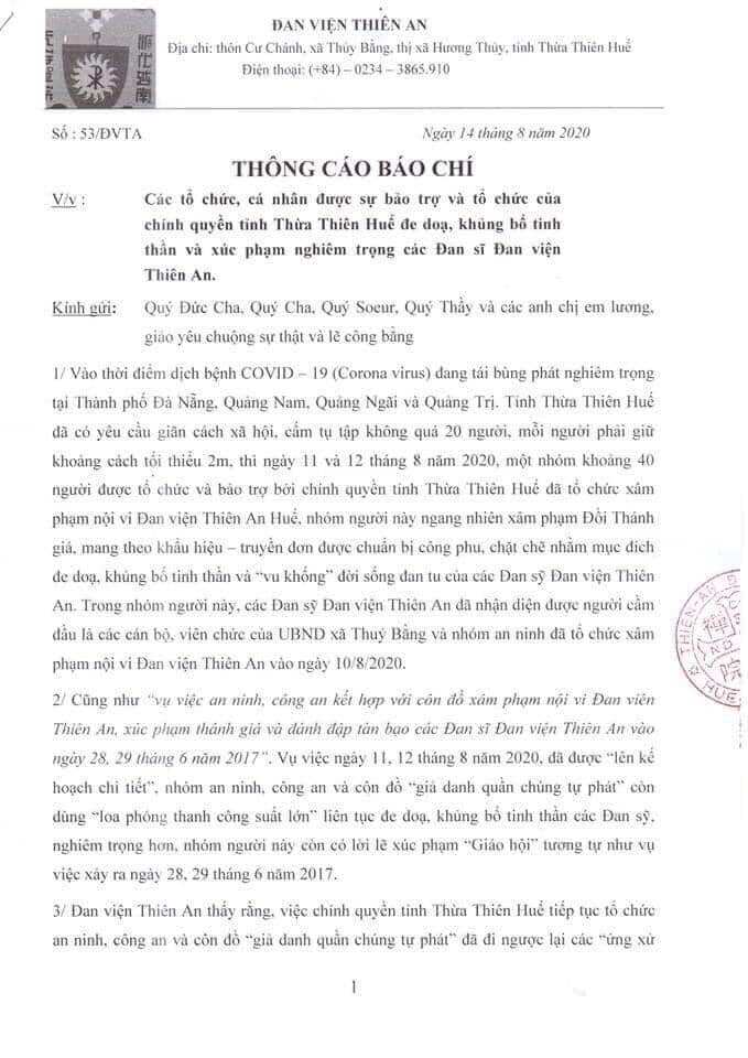 Thông cáo báo chí ngày 14/8/2020 của Đan Viện Thiên An, trang 1