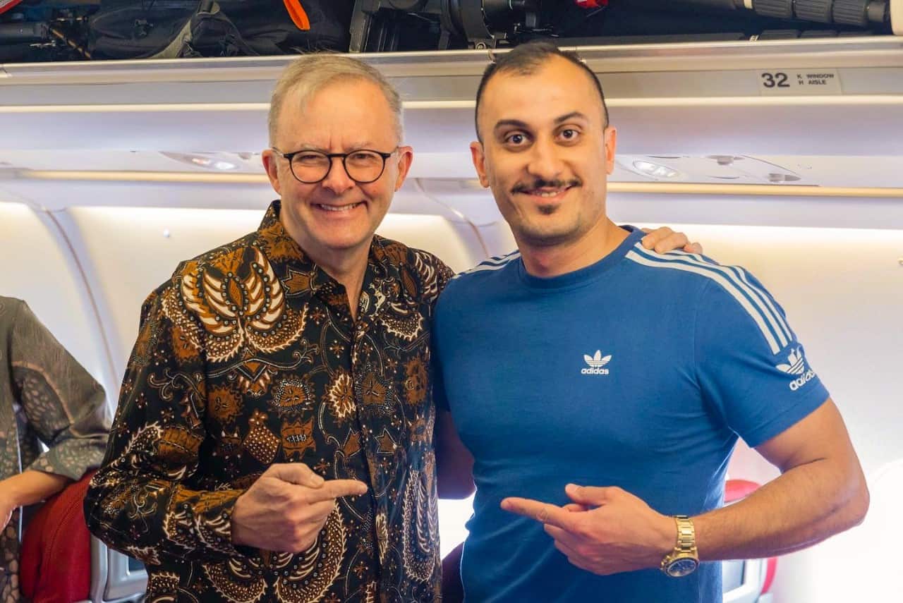 Director and cameraman Ghaith Nadir and Prime Minister Anthony Albanese