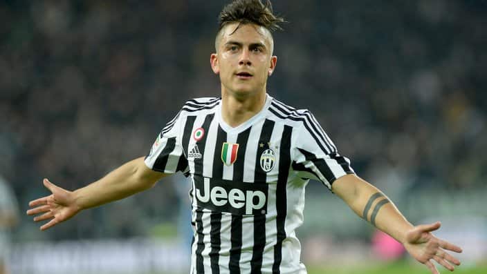 Juventus' Paulo Dybala celebrates after scoring during a Serie A soccer match between Juventus and Sassuolo at the Juventus stadium, in Turin, Italy, Friday, March 11, 2016. (AP Photo/Massimo Pinca)