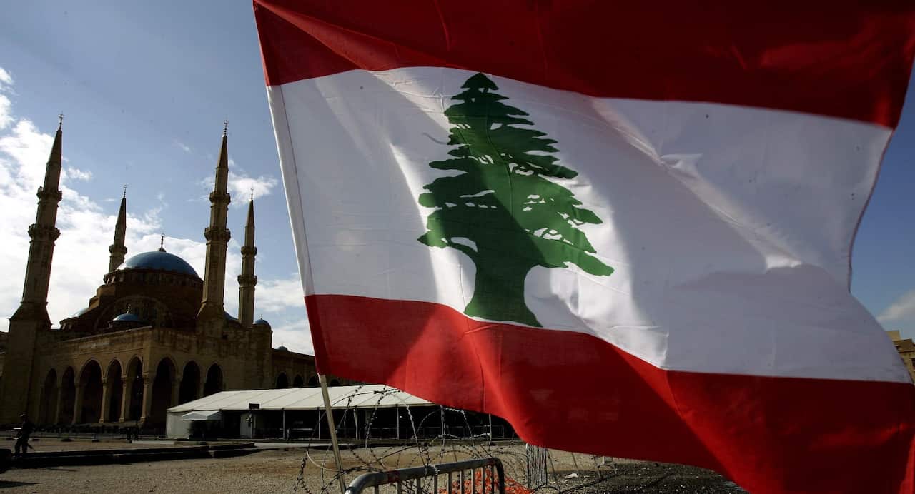 A Lebanese flag fixed in front Al Amin Mosque in Beirut.
