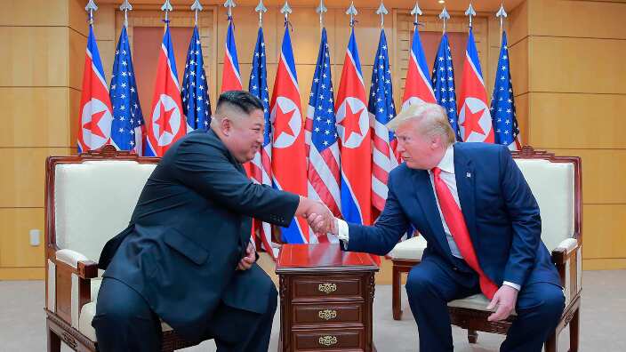 photo provided by the North Korean government, North Korean leader Kim Jong Un, left, and U.S. President Donald Trump shake hands