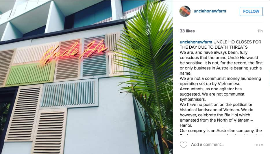 A post from Uncle Ho's director Anna Demirbek who said she knew the name would be sensitive.