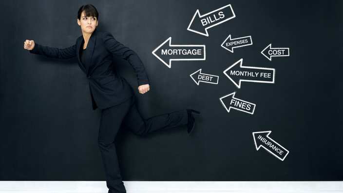 Terrified woman escaping from expenses