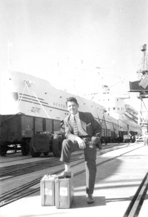 Giuseppe D’Amore on Station Pier, Port Melbourne posing in front of the ship Australia from which he has just disembarked