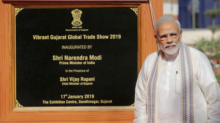 Indian Prime Minister Narendra Modi stands after inaugurating Global trade show in Gandhinagar, India, Thursday, Jan. 17, 2019. 