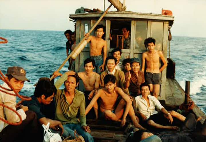 Refugees aboard a boat off the coast of Vietnam