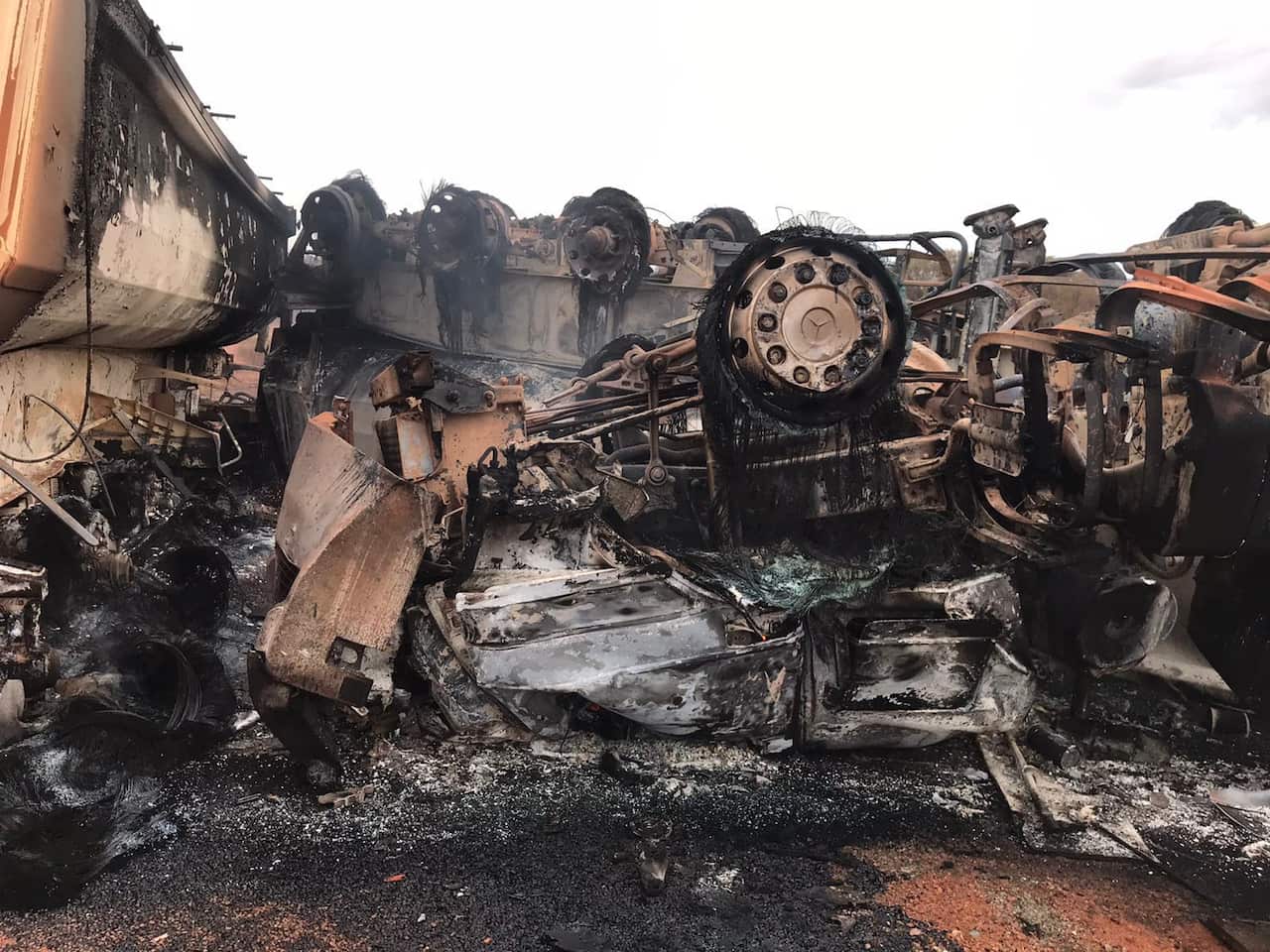 The road train caught fire after the crash that occurred on the stretch of a road between Meekatharra and Wiluna in WA. 