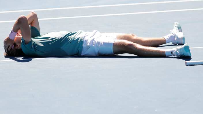 Stefanos Tsitsipas of Greece celebrates winning his men's singles quarter final match against Roberto Bautista Agut of Spain at the Australian Open