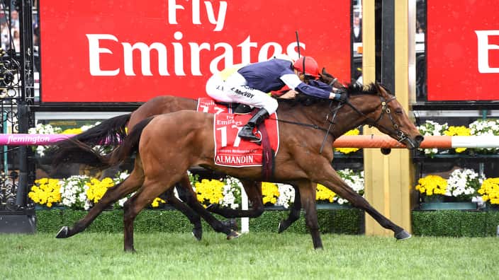 Almandin (front), ridden by Kerrin McEvoy, wins the Melbourne Cup on Melbourne Cup Day at Flemington Racecourse in Melbourne, Tuesday. Nov. 1, 2016. (AAP Image/Tracey Nearmy) NO ARCHIVING, EDITORIAL USE ONLY