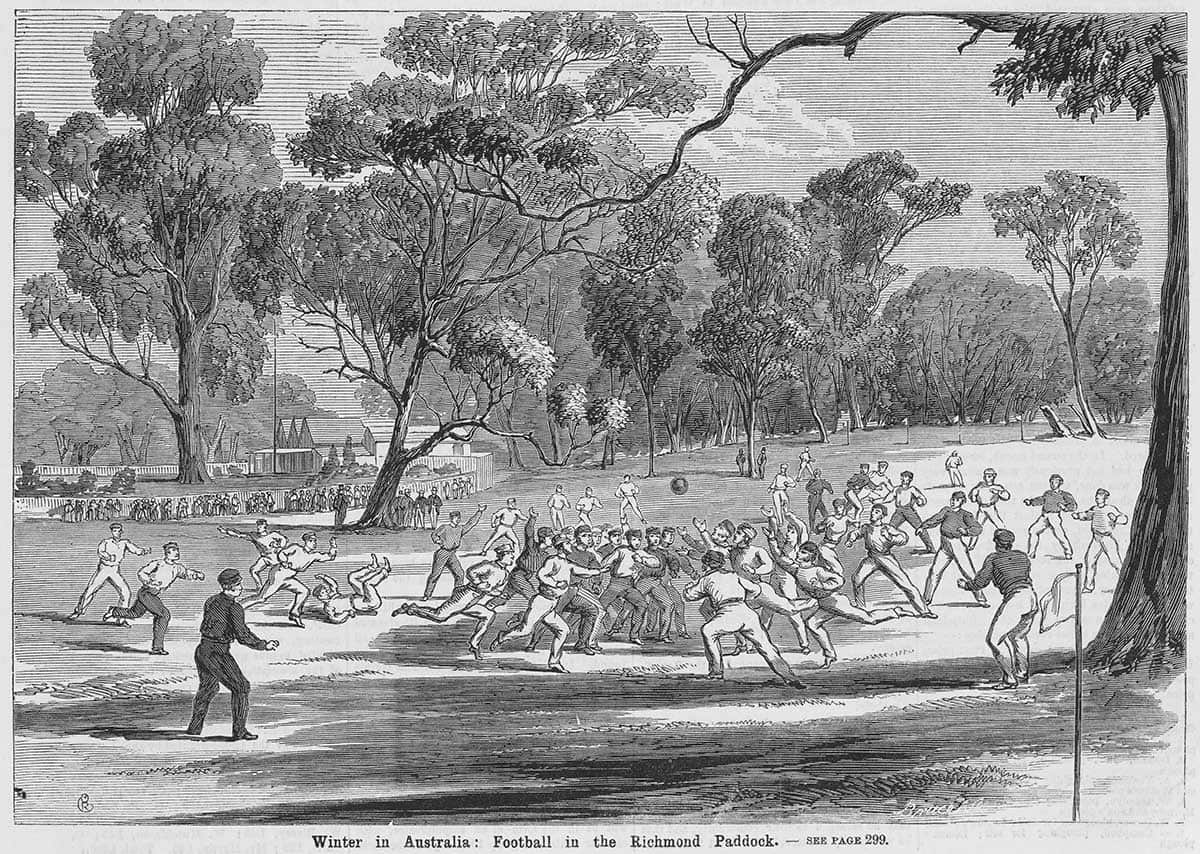 Winter in Australia: Football in the Richmond Paddock, Illustrated Melbourne Post, 27 July 1866. State Library of Victoria