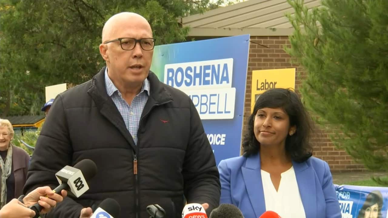 Opposition Leader Peter Dutton and Liberal candidate Roshena Campbell take questions from reporters.