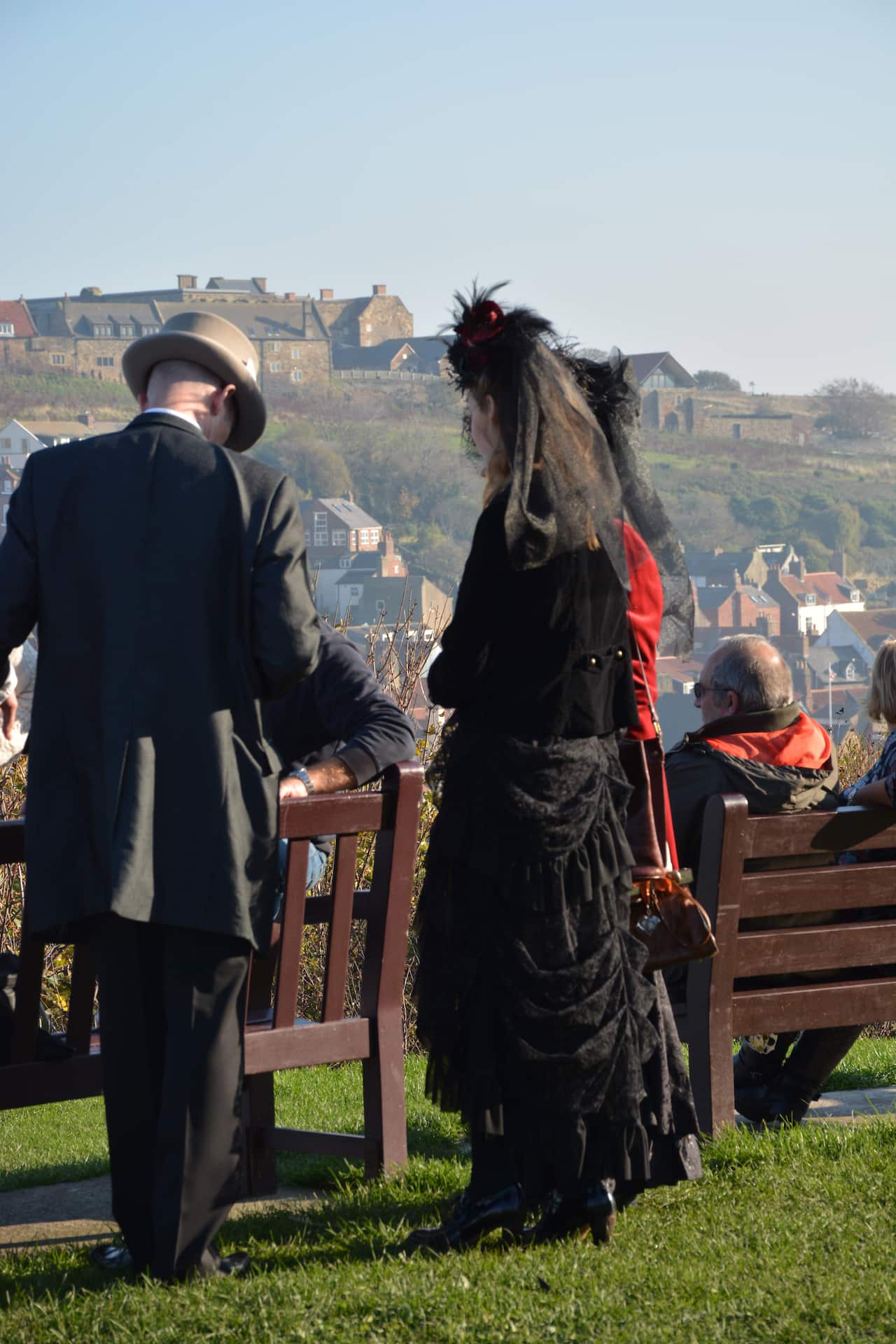 people stand in goth clothes on a hill in front of a vista of old houses