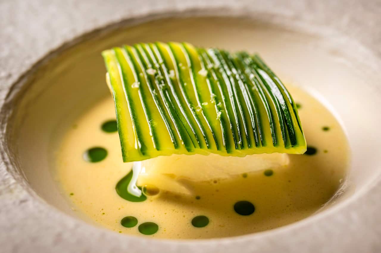 Patagonian Toothfish Lemon Myrtle Zucchini Coral from 40Res restaurant in Sydney
