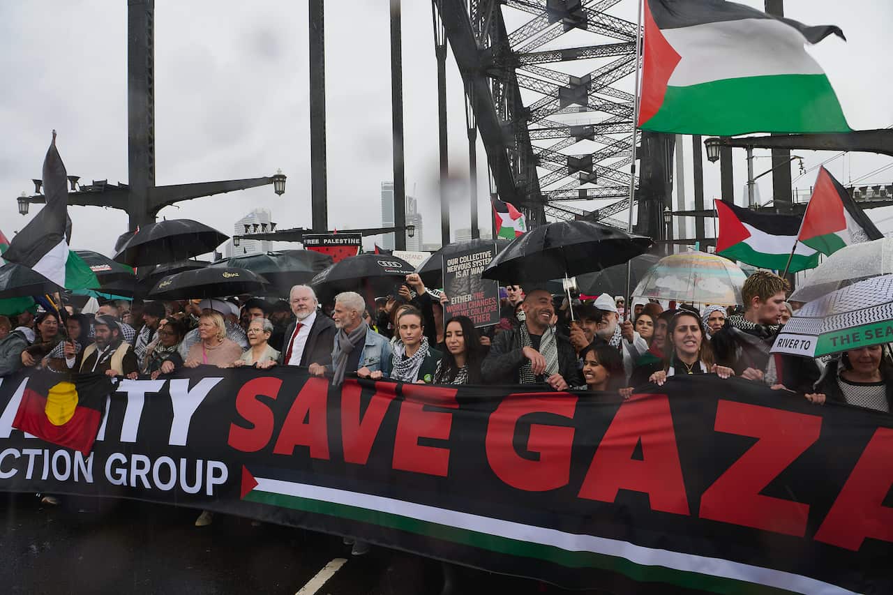 Protesters carrying pro-Palestinian messages across the Sydney Harbour Bridge.
