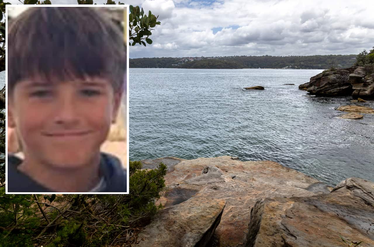 A composite image showing a young white boy smiling and a cliff next to harbour 