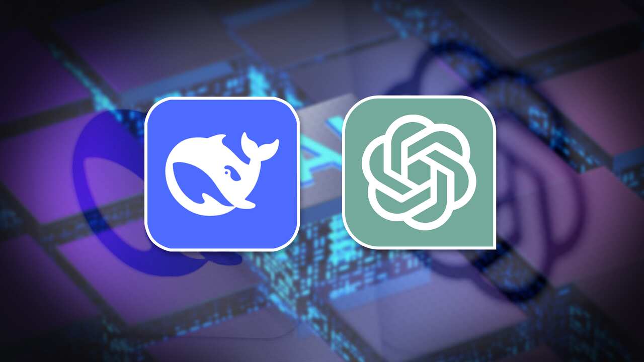 An illustration of a computer chip in the background with the logos of DeepSeek and OpenAI in the foreground.