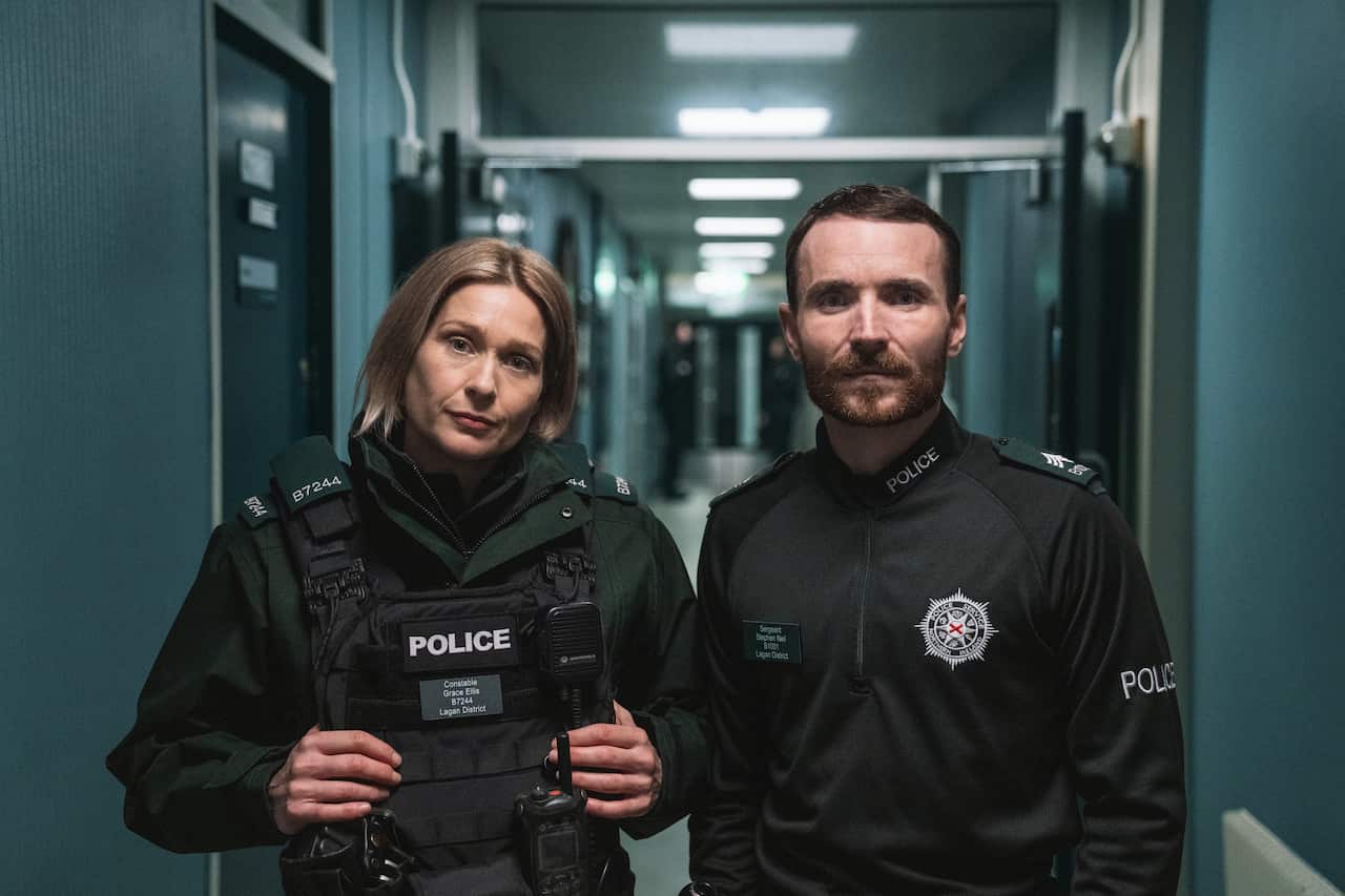 Siân Brooke (Grace) and Martin McCann (Stevie) in Blue Lights season 3.