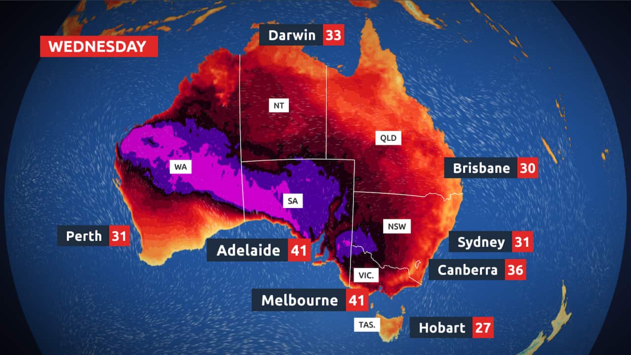 A red-and-purple map of Australia with text stipulating capital cities and their temperatures.