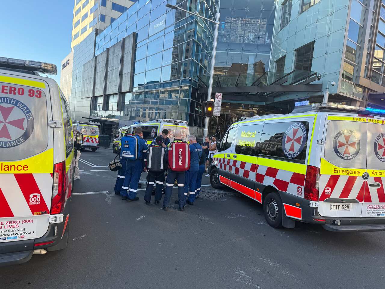Emergency workers outside Westfields Bondi Junction after a critical incident with multiple casualties Photo Domenico Gentile SBS Italian .jpeg