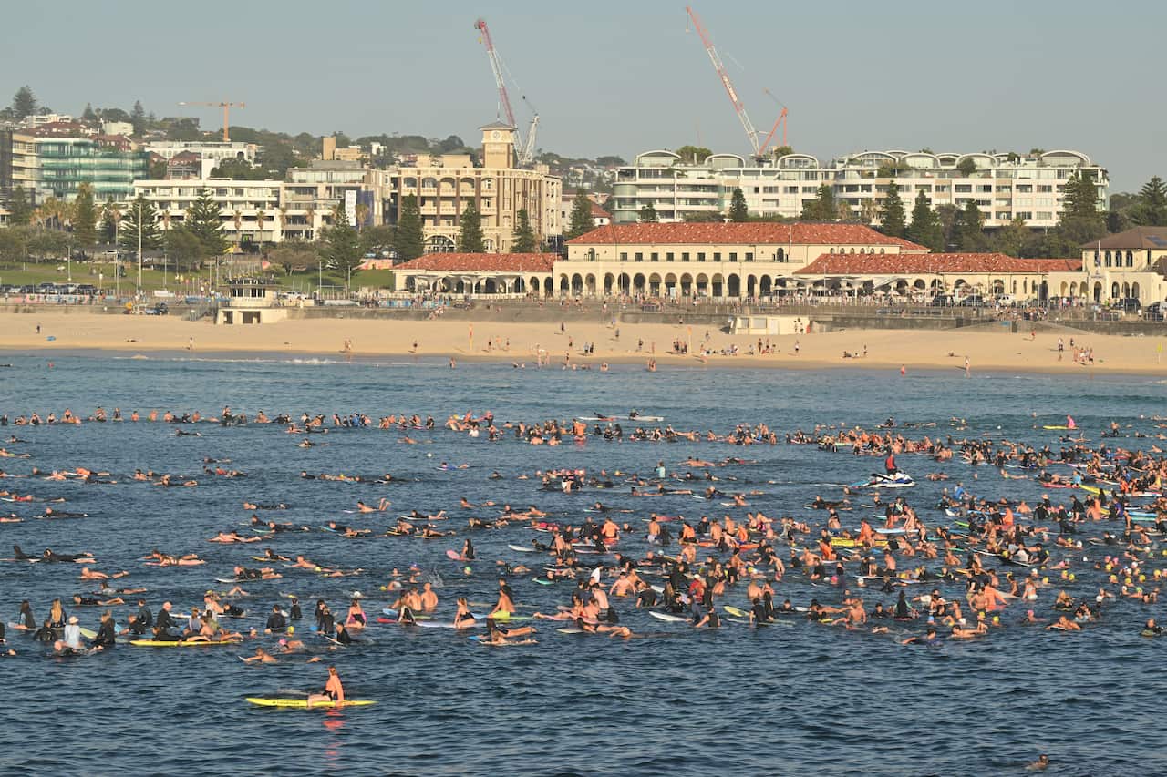 People paddling out in the water at Bondi Beach.