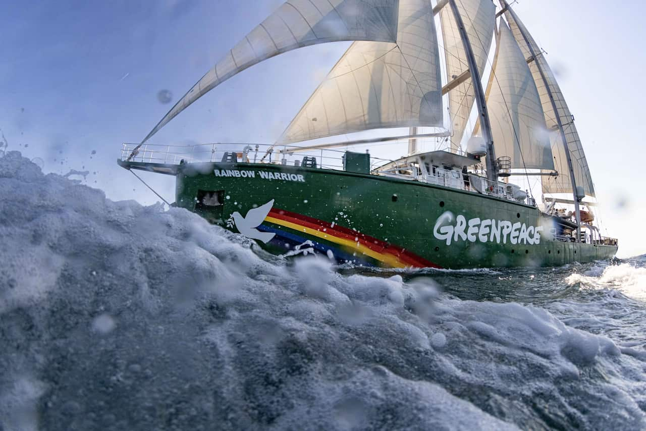 A green sail boat with a rainbow and white's silhouette dove on it.