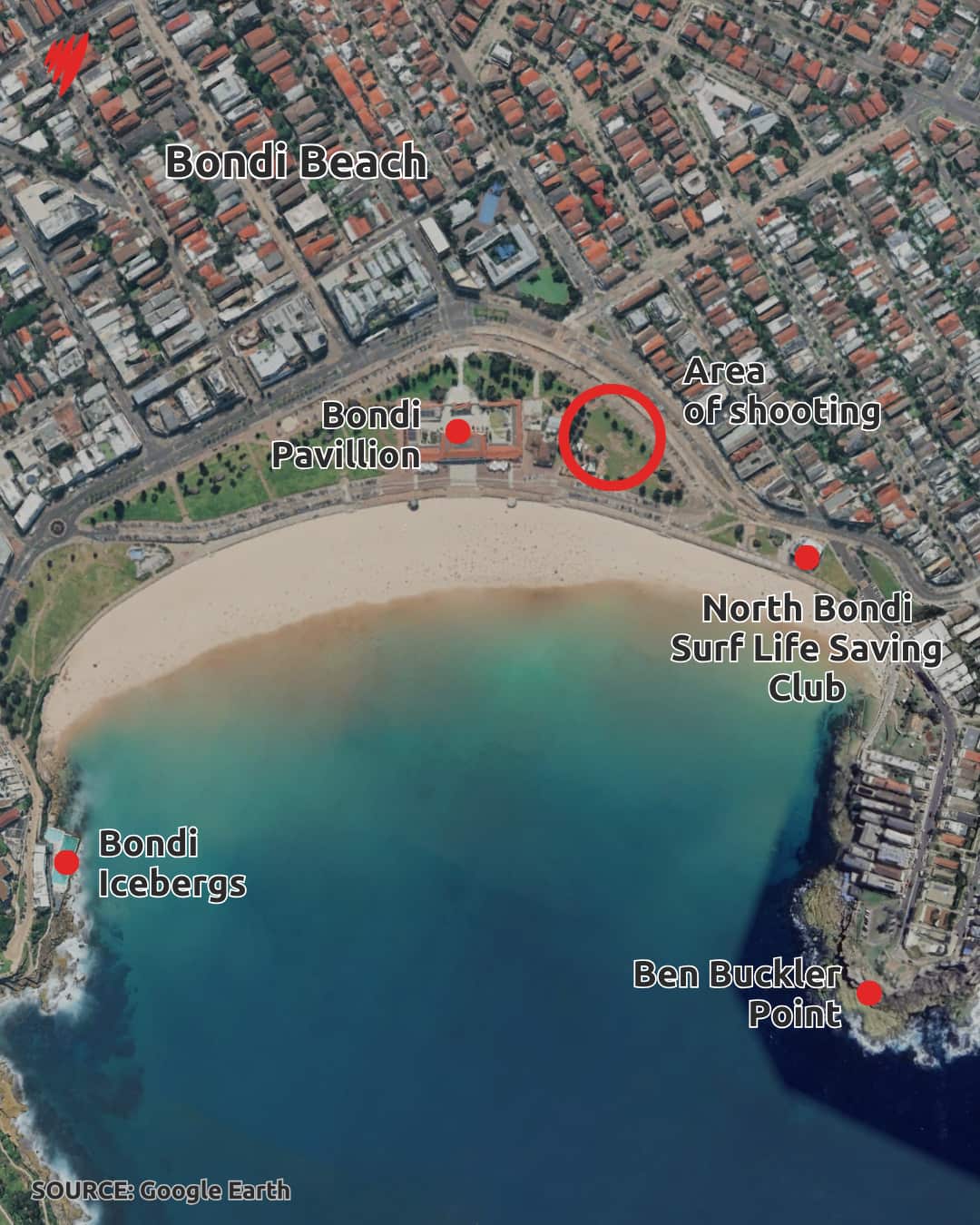 An overhead map showing Bondi Beach and various landmarks nearby.