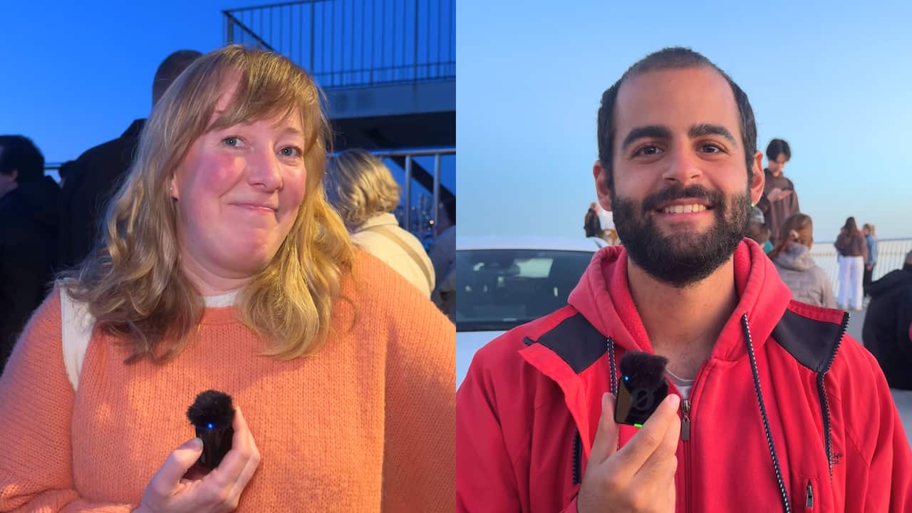 A split image of a woman in an orange jumper on the left holding a small mike, and a man in a red jacket also holding a mike.