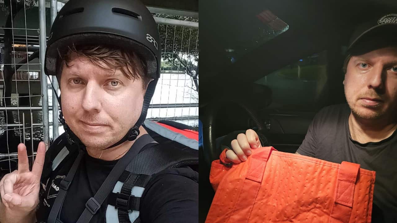 a side by side image of the same man in his thirties delivering food. left: man in a black helmet and a backpack doing a peace sign to the camera. right: man holding a red bag inside a car.