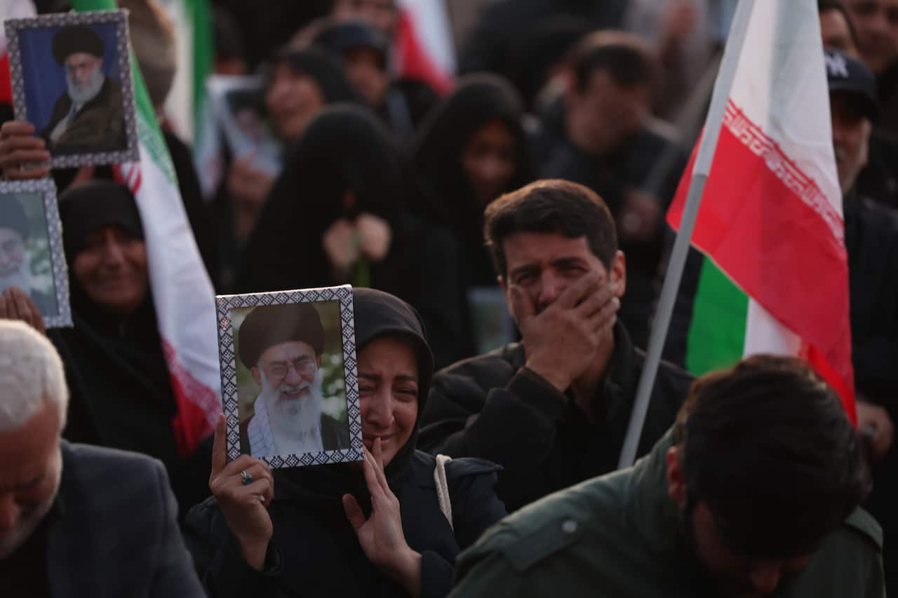Mourners gather at Enqelab square in Tehran following death of Iranian Supreme Leader Ayatollah Ali Khamenei